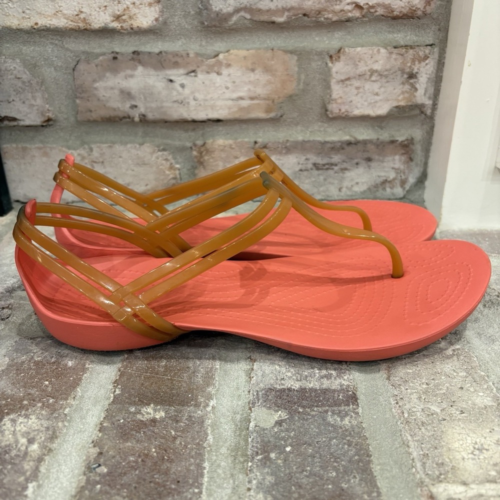 Crocs Isabella T-Strap Sandals Women's Sz 9 Thongs Pink Jelly Flats Slip On Shoe